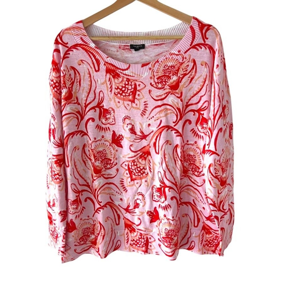 Talbots Plus 1X Floral Paisley Cotton Sweater Pink Red Orange Crew Neck Pullover
